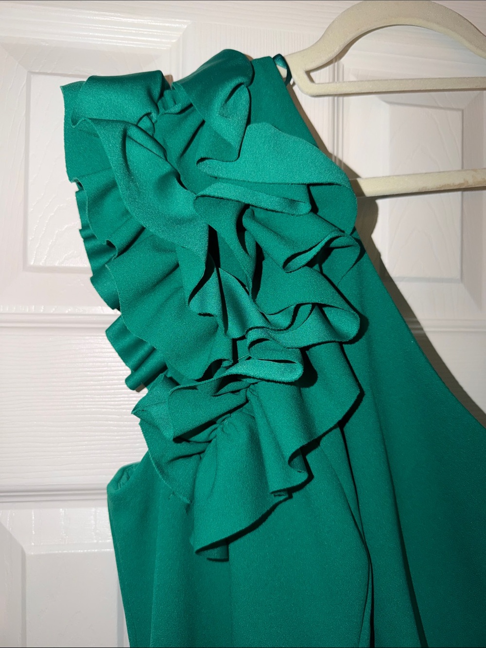 Xscape Emerald Green One-Shoulder Ruffle Gown - Picture 4 of 5